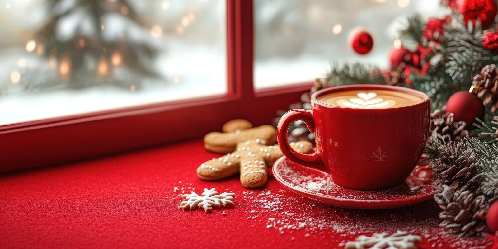 Cozy winter setup with coffee, cookies, and festive decorations near a snow-covered window